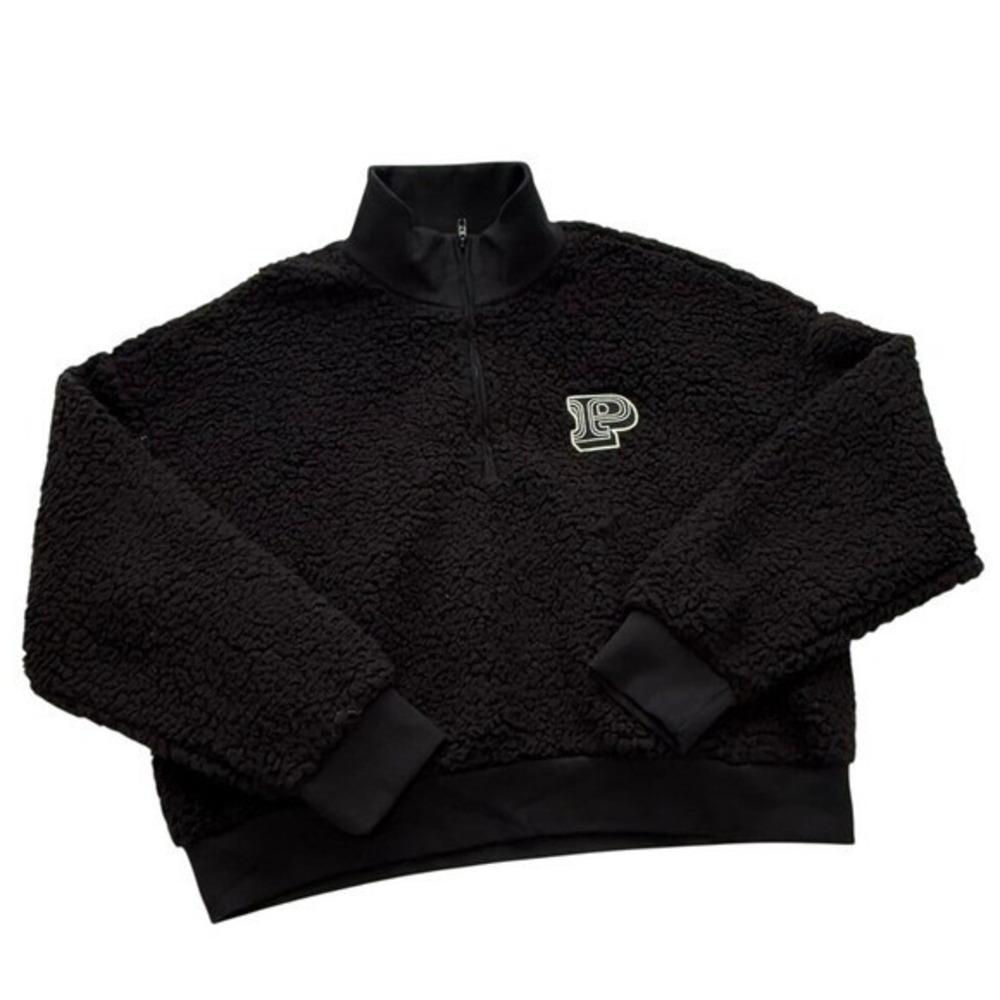 Victoria's Secret PINK Black Crop‎ Pullover Sherpa Sweatshirt NWOT
